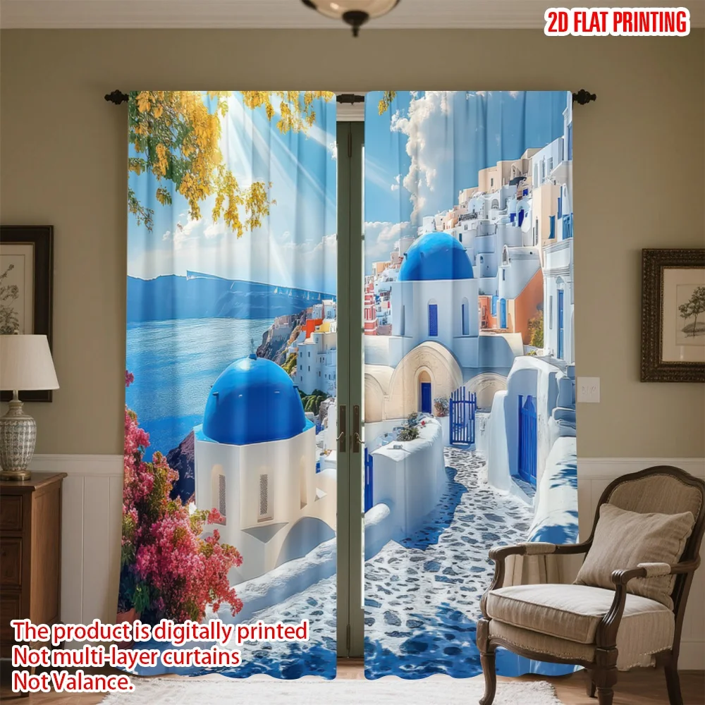 

2D flat printing 2pcs Window Curtains Sunny Greek Island Views Digital Printed Polyester Drapes Festive Wall Decor Perfect for