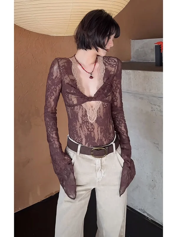 

Сексуальное облегающее боди Pure Desire Spicy Girl с глубоким V-образным вырезом, длинными рукавами, кружевом и цветными вставками, из полиэстера, для ношения под одеждой