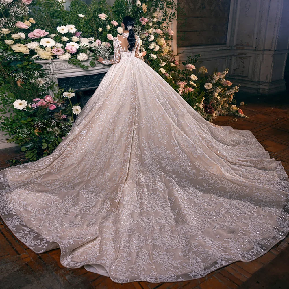 Flavinke Maßgeschneiderte Langarm-Ballkleid-Hochzeitskleider 2025, O-Ausschnitt, Prinzessin, Illusion, Luxus-Robe, Mariage, Vestidos de Novia