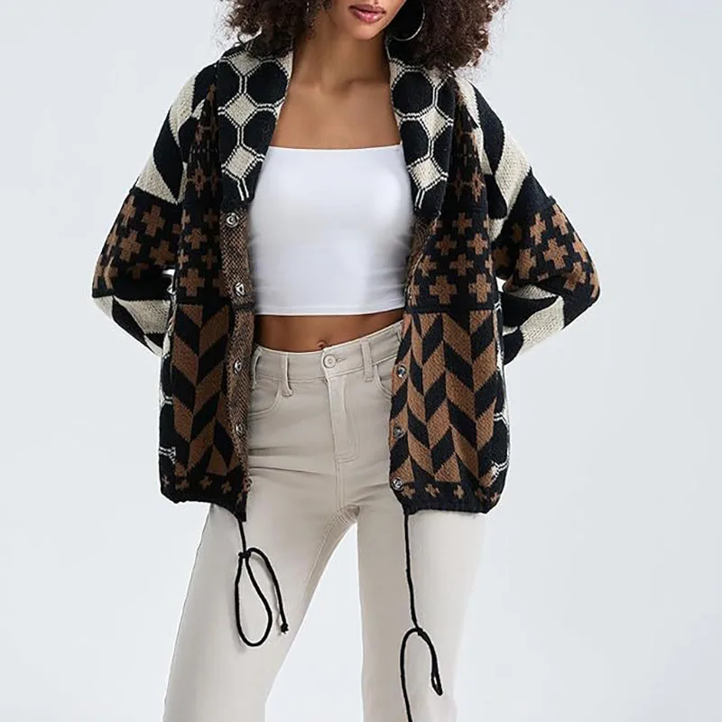 

Женский модный свитер с v-образным вырезом и пуговицами, пальто, осень-зима, новые женские джемперы, повседневные свободные вязаные кардиганы с длинными рукавами и принтом