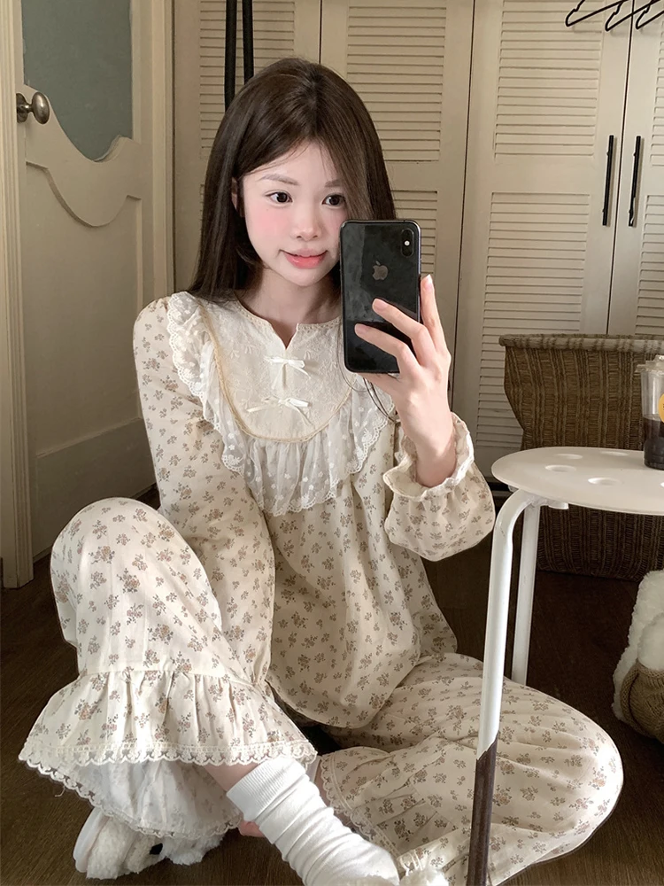 Palace Style Pure Cotton Pajamas for Women Autumn Double Layer Gauze Round Neck Floral Long Sleeve Lace Trim Princess Style Set