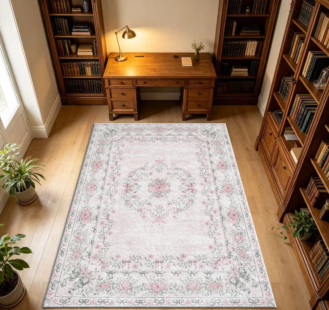 Romantic Pink Floral Bowknot Wreath Rug, Shabby Chic Vintage Home Decor Rug, Suitable for Girls' Room Bedroom