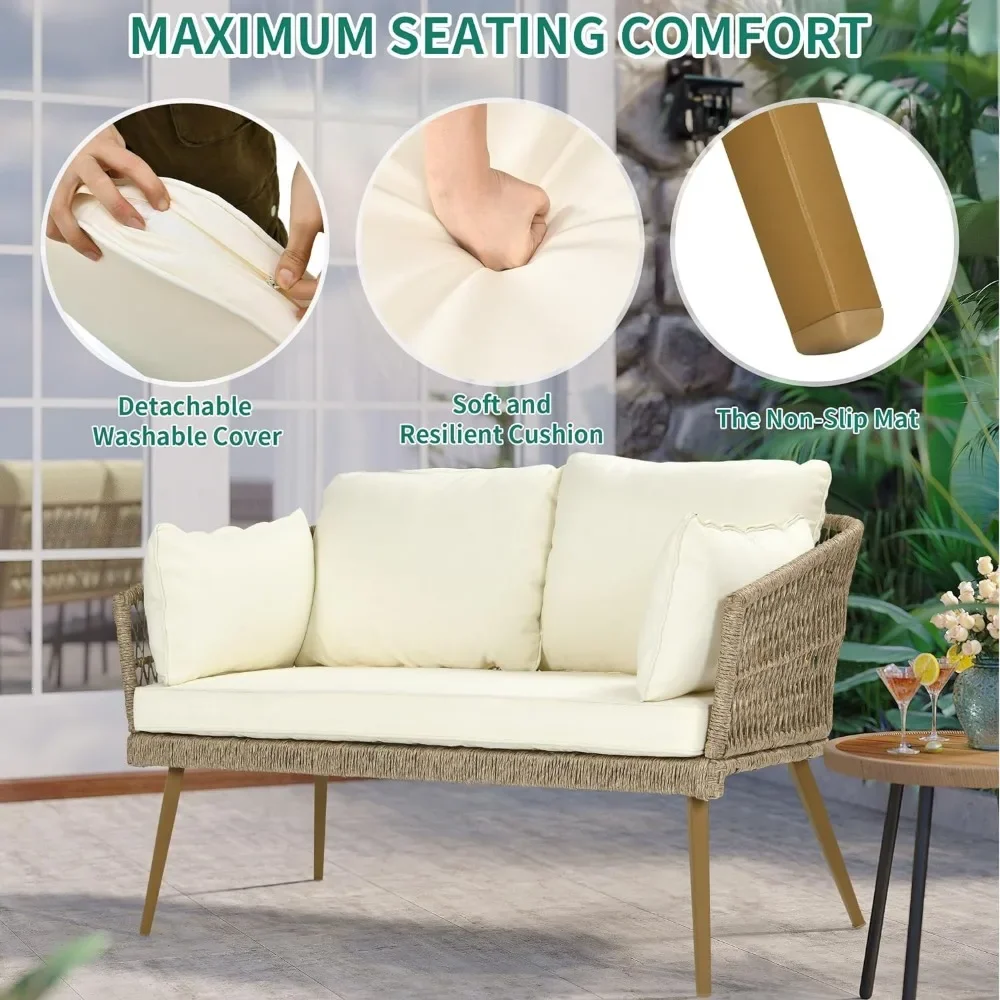 All-Weather Rattan Sofá com Almofadas e Almofadas Lombares, Pátio Loveseat, Mobiliário ao ar livre Conjunto para Varanda, 2 lugares