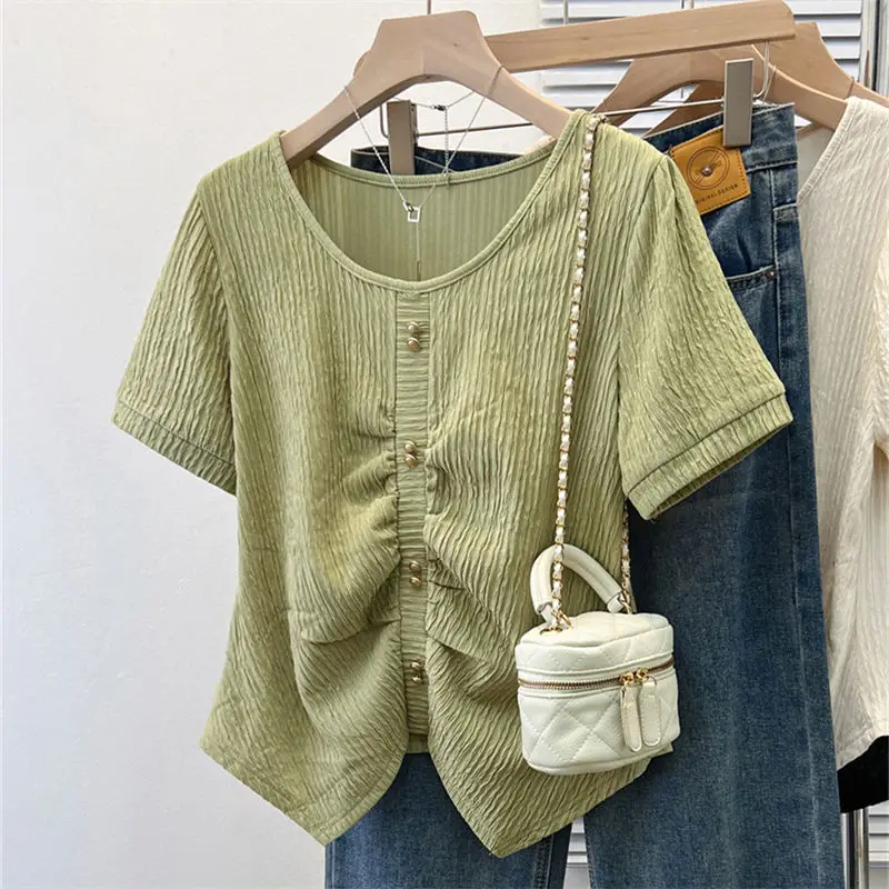 Korean Irregular Shoulder Short Sleeve O-Neck Short Sleeve Shirt Women Fashion Buttons Slim Short Tops Female Blouse Summer