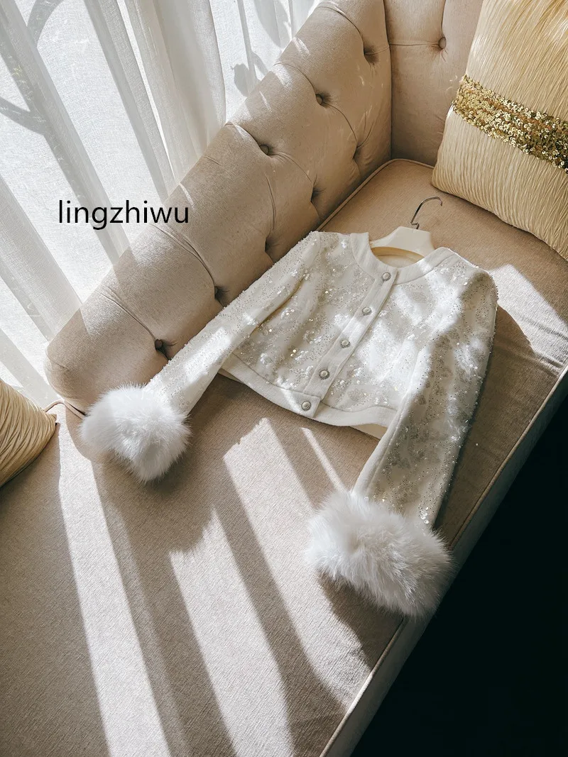 

lingzhiwu French Elegant Top Quality Handmade Sequins Ladies White Top Short Outerwear Spring Autumn New Arrive