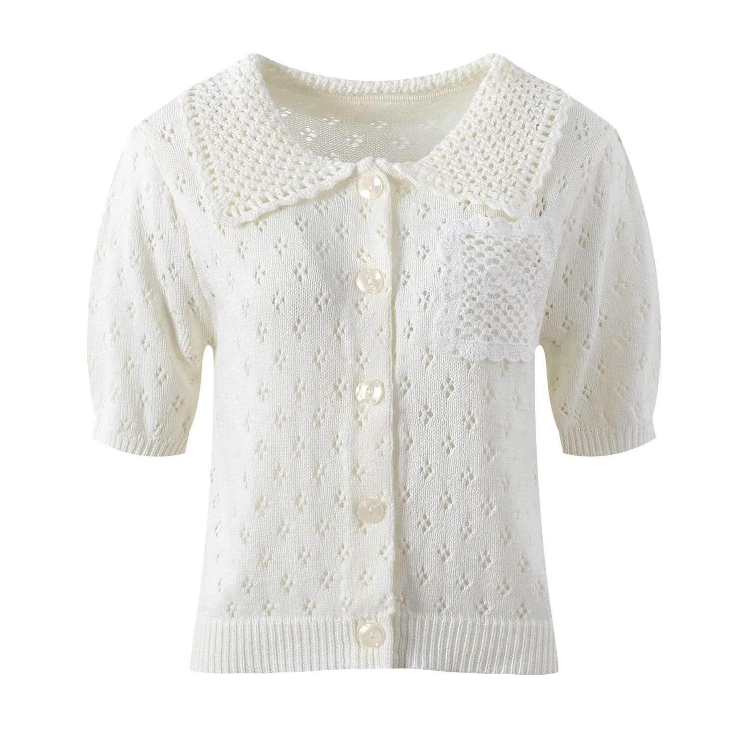 Ele European Sle ort Sve Knitted Open Cardigan Hollow out Retro Hook Flower Collar Versatile Slimming Women's Top