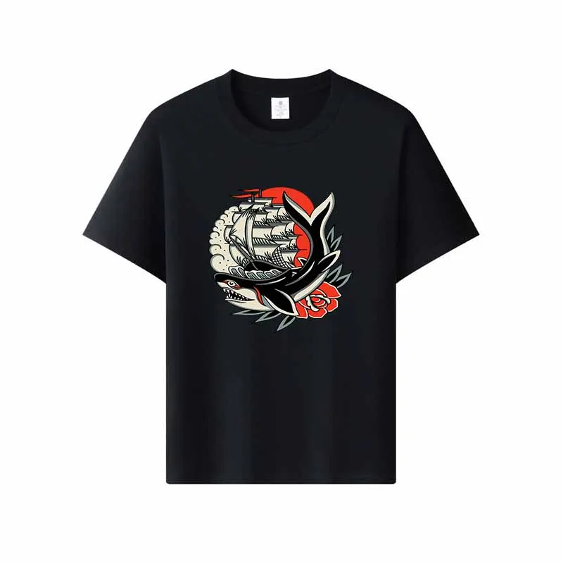 Sailing Ship Shark Rose Men's TShirt  Vintage Nautical Tattoo Style, Soft Fabric, Comfortable Loose Fit