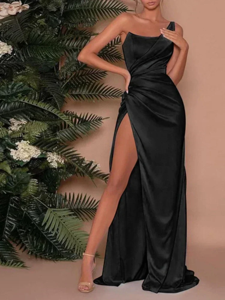 Customized One Shoulder Temperament Cross Pleated Evening Dress Sexy Strapless High Split Design Floor Length Vestidos Simple So