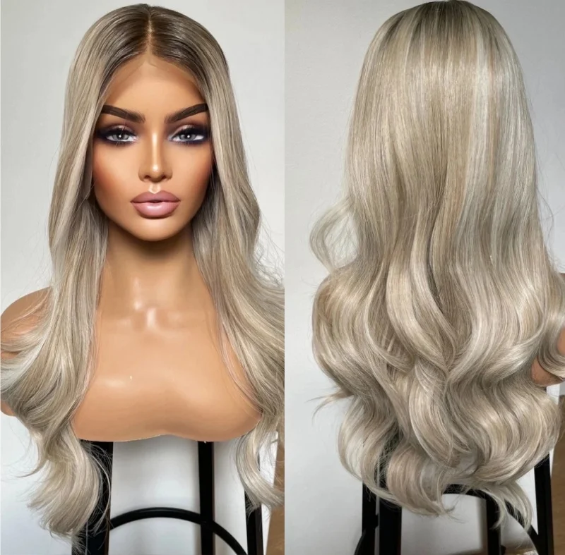 

Ombre Ash Blonde Platinum Synthetic Lace Front Wigs Realistic Hairline Wig Free Part Synthetic Lace Front Wig For Women 26 Inch