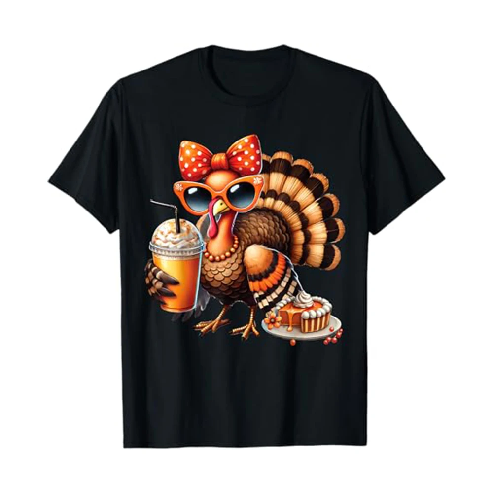 Flagnshow Free Size Turkey Drinking Coffee Bow Thanksgiving Turkey Day T-Shirt