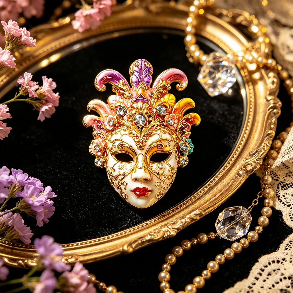 Retro Venice Mask Brooch, Crystal Masquerade Face Lapel Pin, Ornate Theater Corsage for Garment, Women Costume Jewelry Accessory
