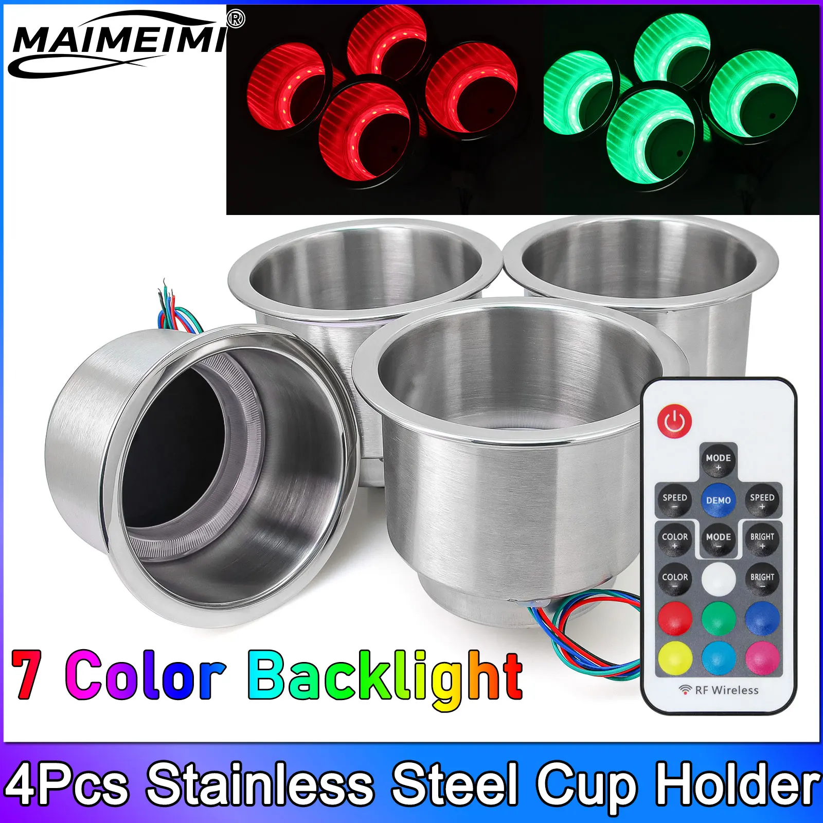 4Pcs Stainless Steel Cup Holder 7 Colors with Remote Control Cup Drink Holder Embedded Bottle Holder for Marine Boat Accessories