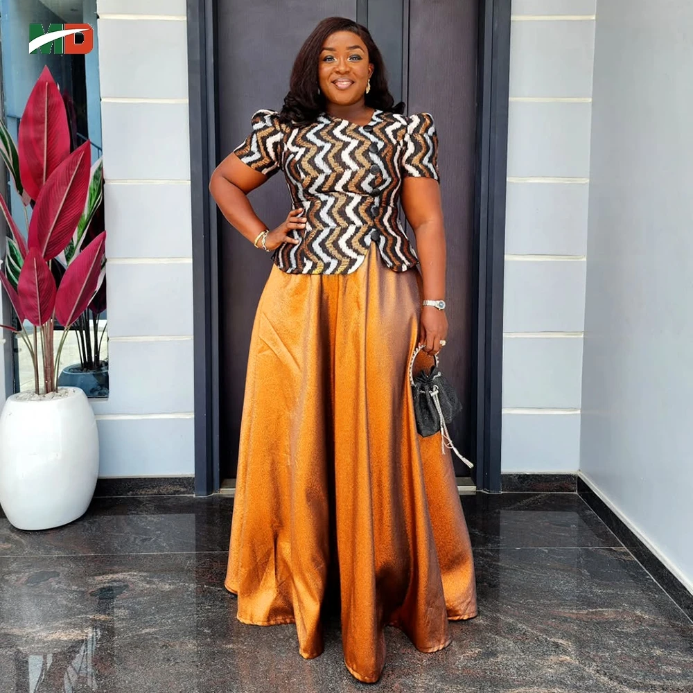 

MD For African Women Plus Size 2PCS Clothes Party Maxi Robe Fashion Ankara Dashiki Top and Mini Skirt Dress African Work Wear