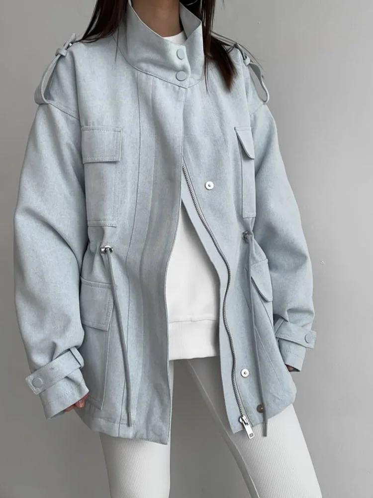 Fashion Women Jacket Lace Up Stand Collar Pockets Zipper Loose Tunic Female Spring Coat Casual Office Slim Top Outwear Commute
