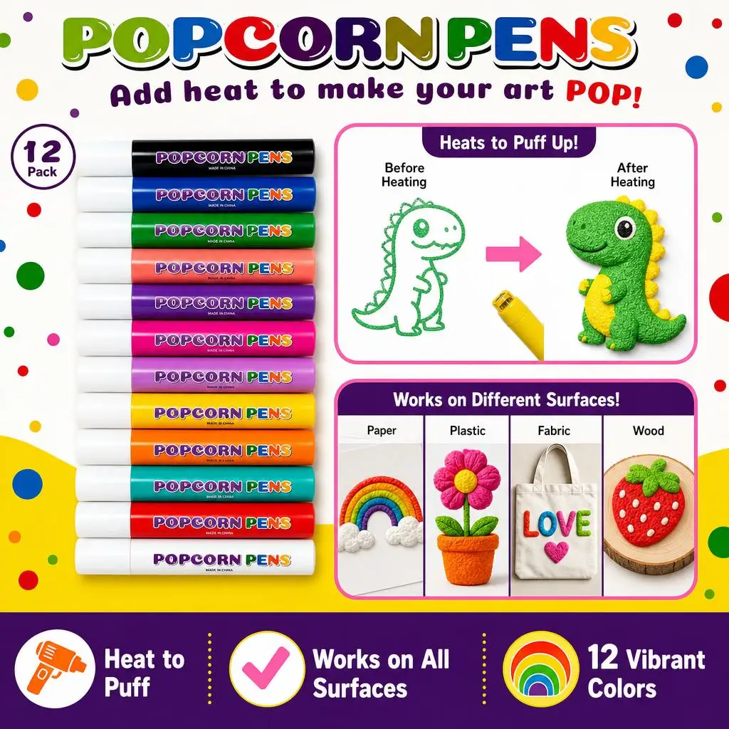 12 Color 3D Magic Heat Activated Pop Pens Creative Drawing Pens DIY Craft Stationery Doodle Journal Greeting Card Art Set view 3