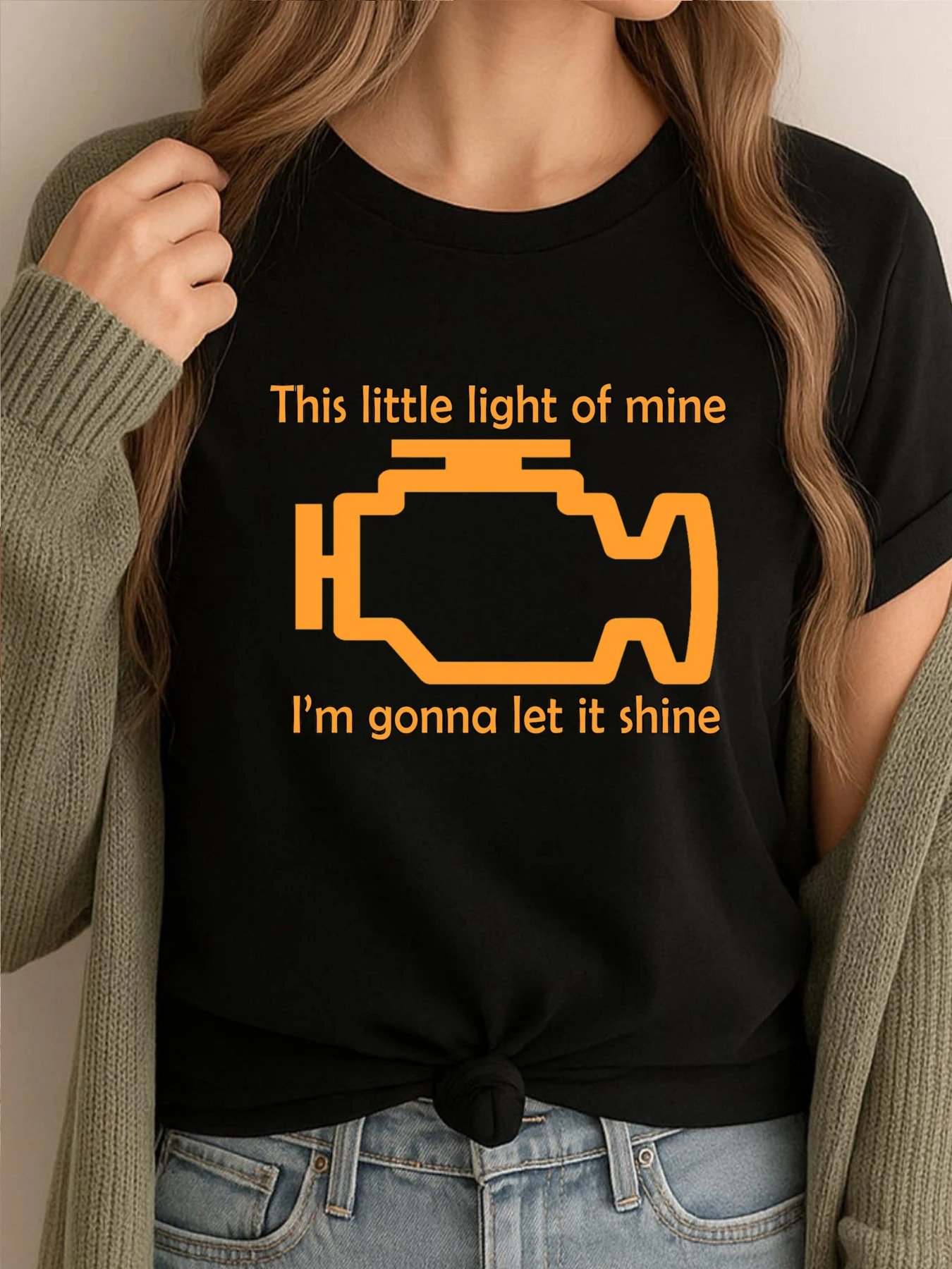 

Check Engine Let It Shine Graphic T Shirt Men's Clothing 2025 100% Cotton Unisex Oversized Printed Clothes