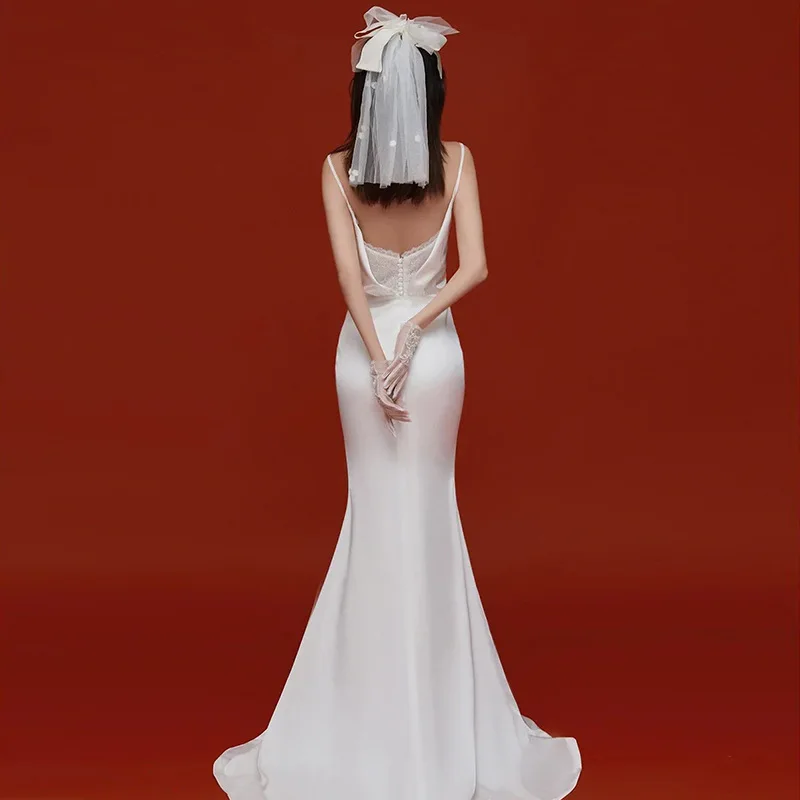 

Сексуальное свадебное платье-русалка без бретелек, сказочное, для путешествий, для невесты, для выхода из дома, белое шелковое длинное вечернее платье для женщин