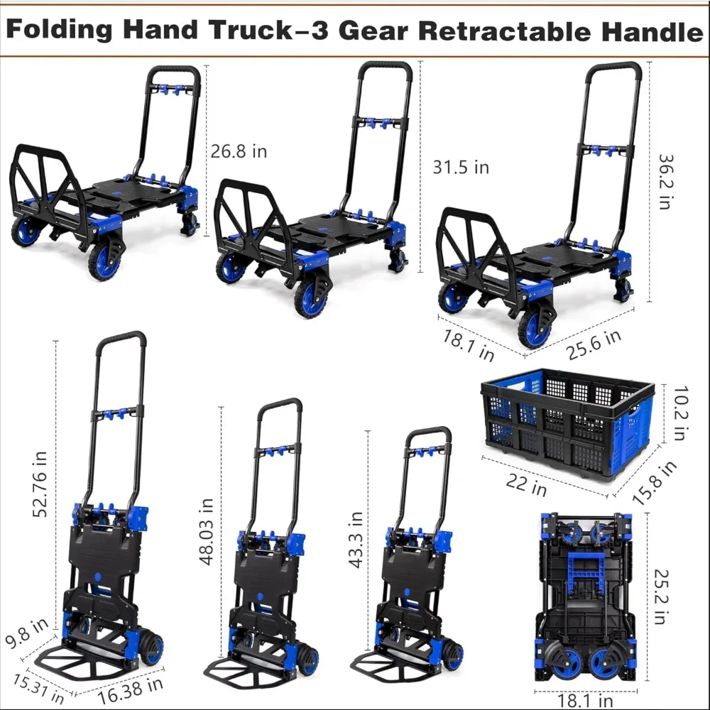 2 in 1 Hand Truck Foldable with Basket,Hand Truck Foldable with Retractable Handle,330LBS Capacity, Portable Dolly Hand Truck