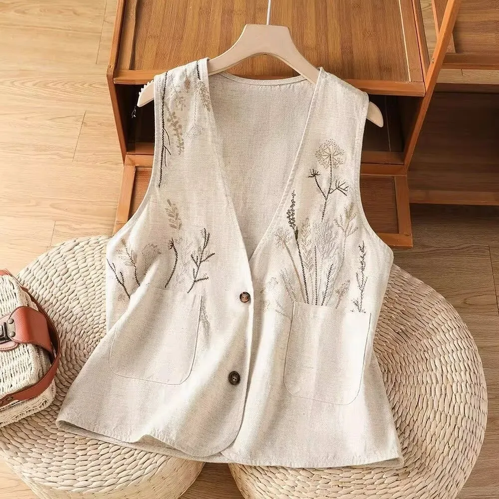Womens Embroidery Vest Cotton Linen  Waistcoat Summer