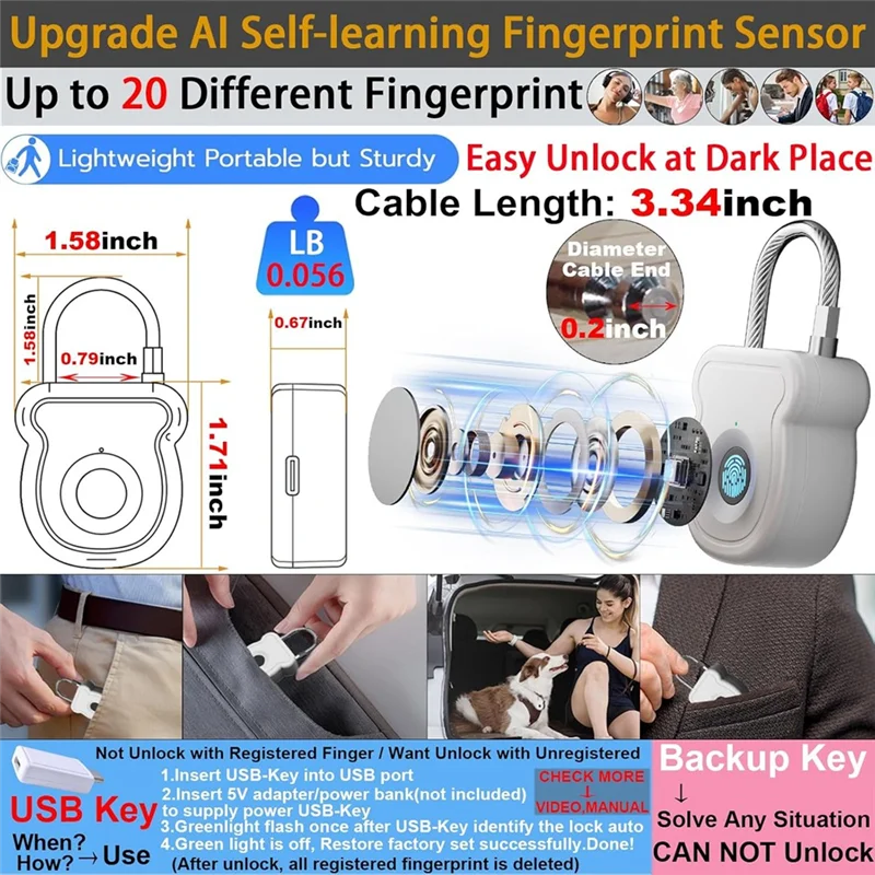 

【HASD】2X умная комбинированная защелка для кабеля, навесной замок с отпечатками пальцев, 20 пользователей для шкафчиков, для рюкзака для багажа, сумки, для путешествий на колесах, школы