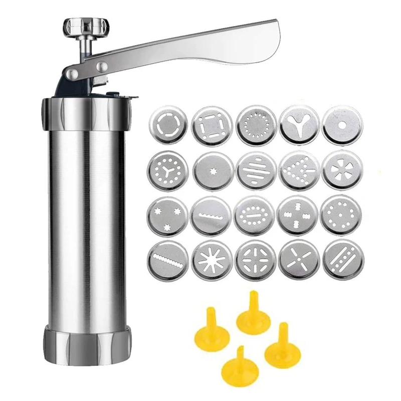 Cookie Press Cookie Press Gun Kit DIY Biscuit Maker and Churro Maker with 20 Decorative Stencil Discs and 4 Icing Tips 1set