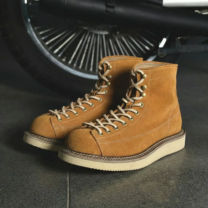 Handcrafted Luxury Men Work Shoes Vintage Cow Leather Wear-Resistant Outdoor Hiking Desert Boots Lace-Up Ankle Motorcycle Boots