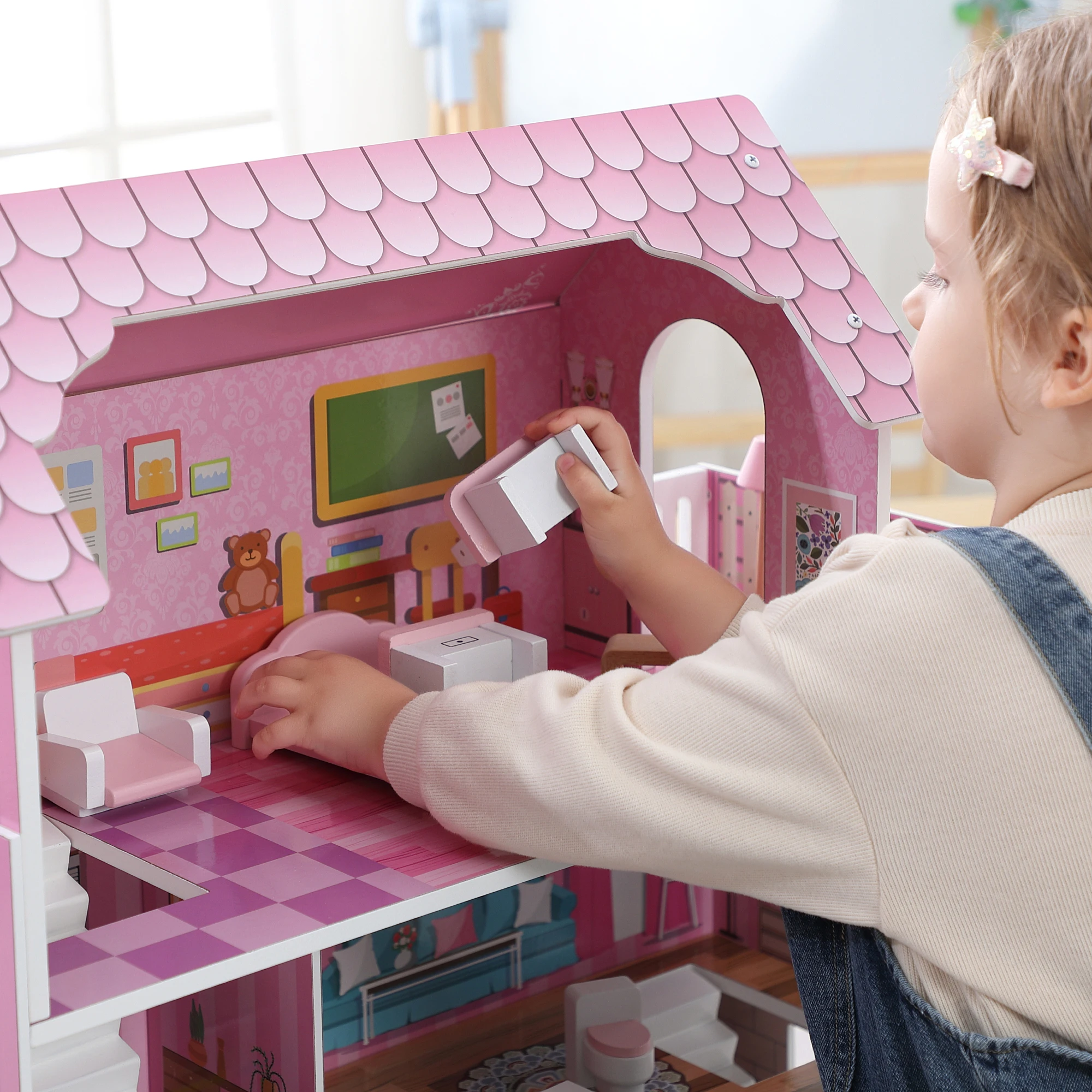 Maison de poupées en bois avec 11 meubles et accessoires d'escalier, grand ensemble de jeu de maison de poupée à 3 étages pour filles, jouet de jeu de rôle pour enfants
