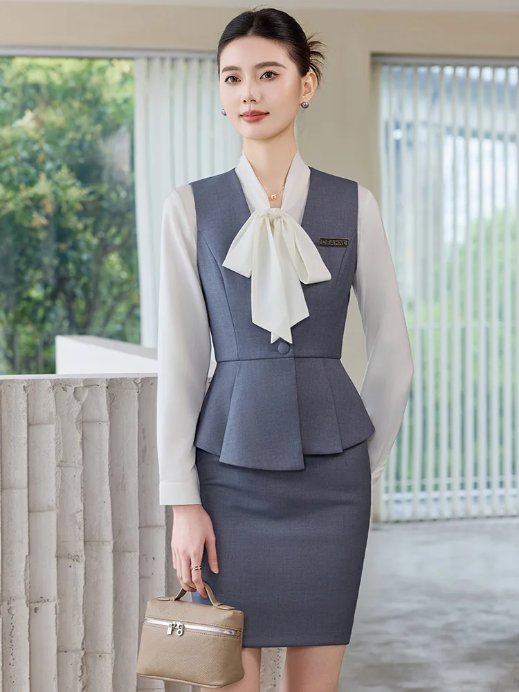 Blue vest suit for women, spring and autumn professional formal wear, vest for hotel service staff, beauty salon front desk work