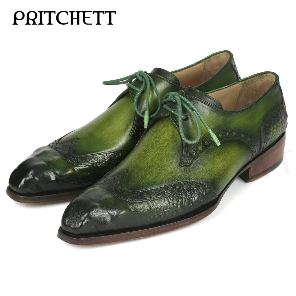 

Green Crocodile Embossed Lace-Up Formal Shoes High Quality Slip-On Thick Heel Handmade Leather Shoes Business Men's Shoes