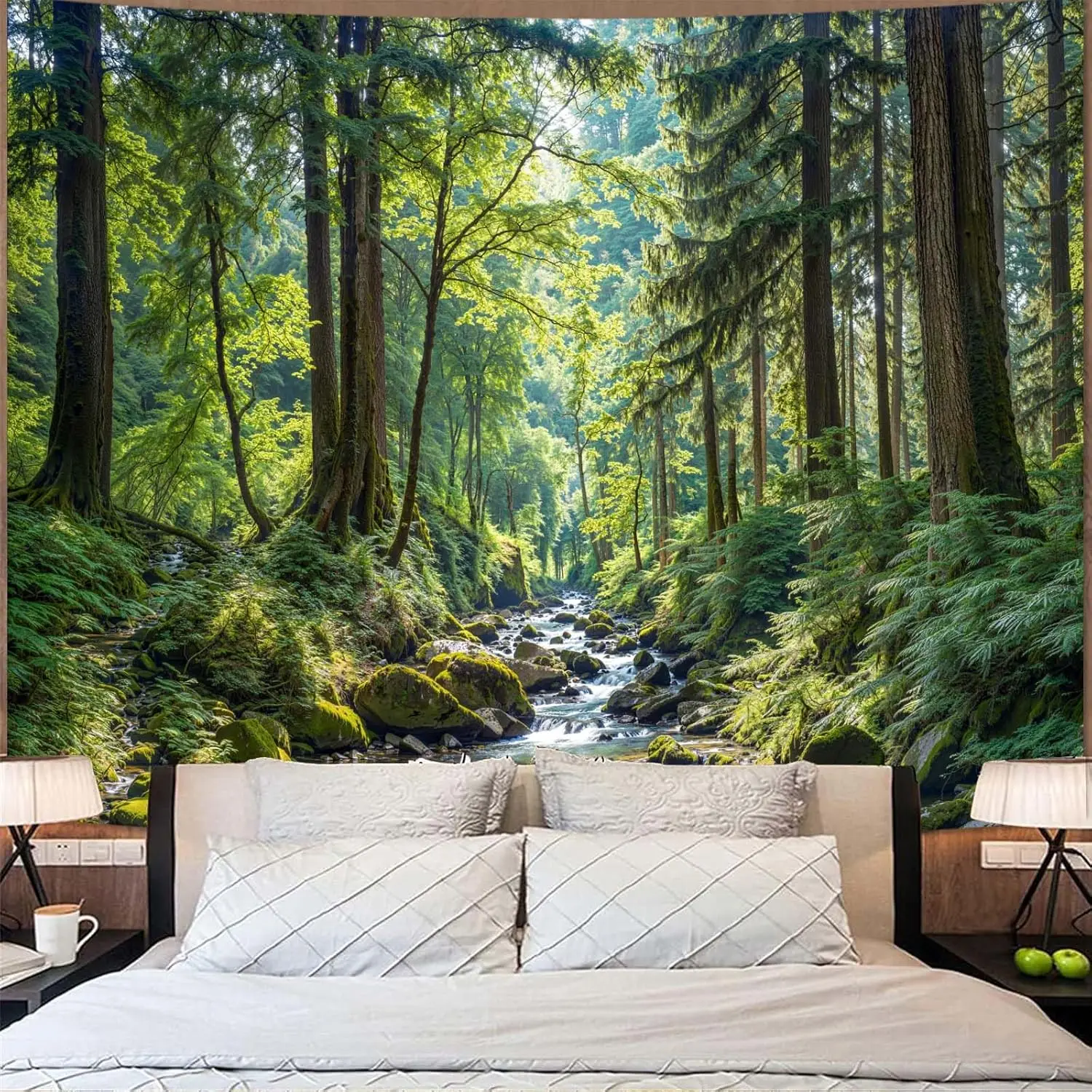 Heavenly Forest Stream Tapestry, Green Tree River Nature Print Large Wall Hanging for Bedroom Living Room Aesthetic Home Decor