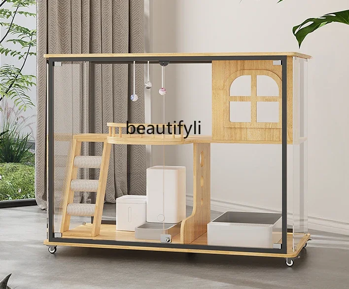 Panoramic villa fully transparent glass cat cabinet solid wood large space shared cabinet cat house cage