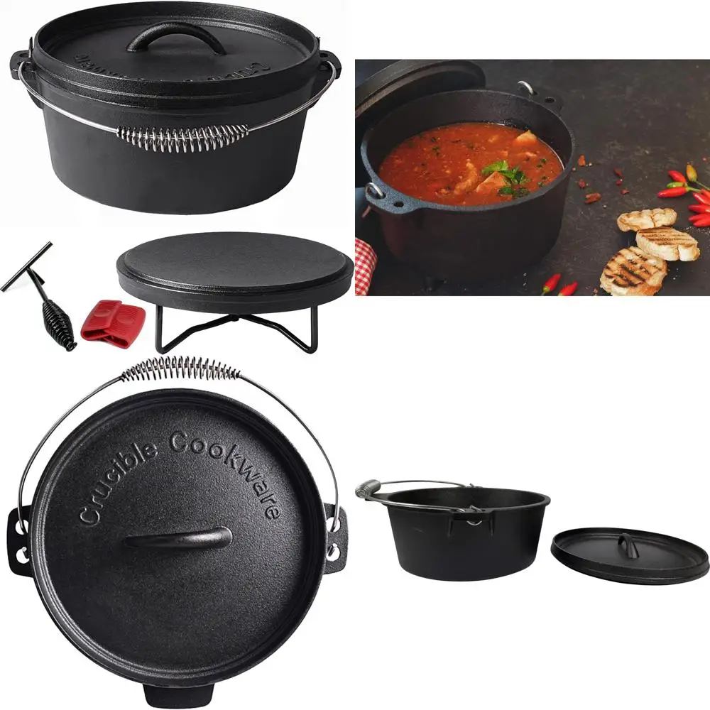 

Cast Iron Camp Dutch Oven 4.1 Quart with Lid Lifter, Lid Stand, Silicone Handle Holders, Pre-Seasoned Cooking Pot