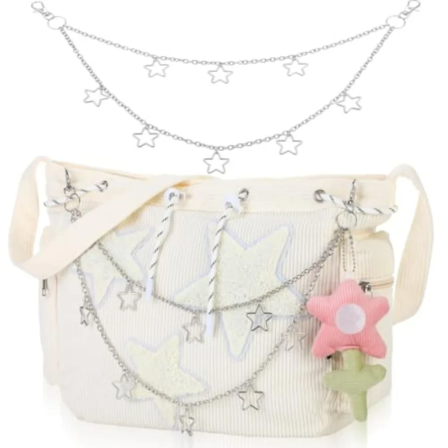 

Corduroy Y2k Bag with Hip Hop Chain Everyday Tote Bag Aesthetic Messenger Corduroy Shoulder Bag for Women