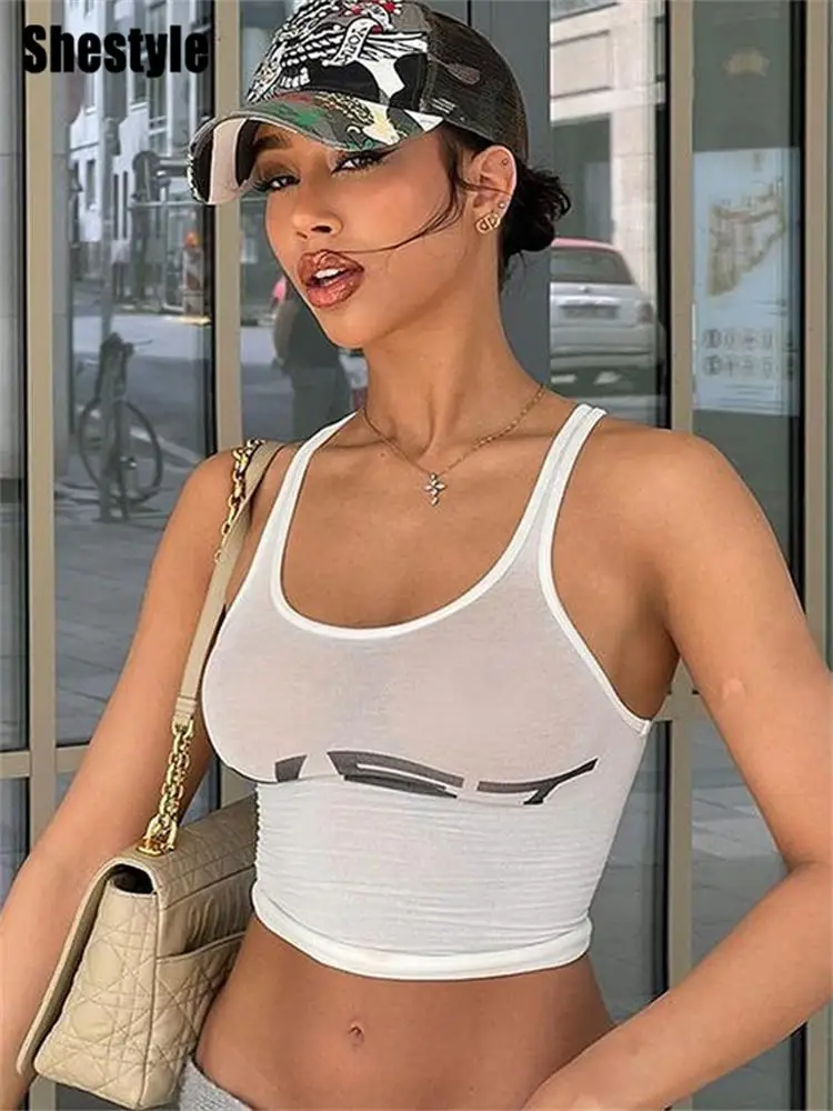 Shestyle Wet Letter Print White Tank Top Transparent Sexy Sleeveless Crew Neck Crop Camisole Streetwear 2024 Summer Hot Y2K