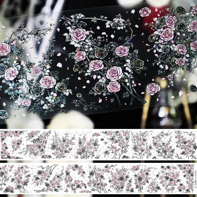 Pink black rose floral shiny Journal Background PET Washi Tape