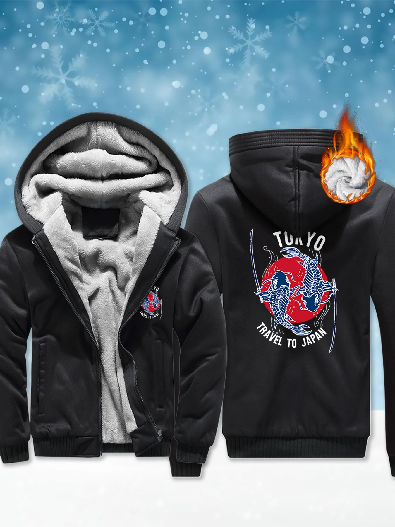 

Мужские толстовки с принтом Harajuku Fish Tokyo Japan, удобная флисовая одежда, повседневный модный пуловер на молнии, плотное теплое пальто