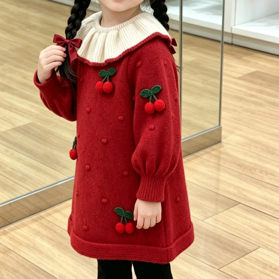 Girls Dress 2026 Autumn and Winter New Children's Clothing Girl Baby Three-dimensional Hair Ball Bubble Sleeve Knitted Dress