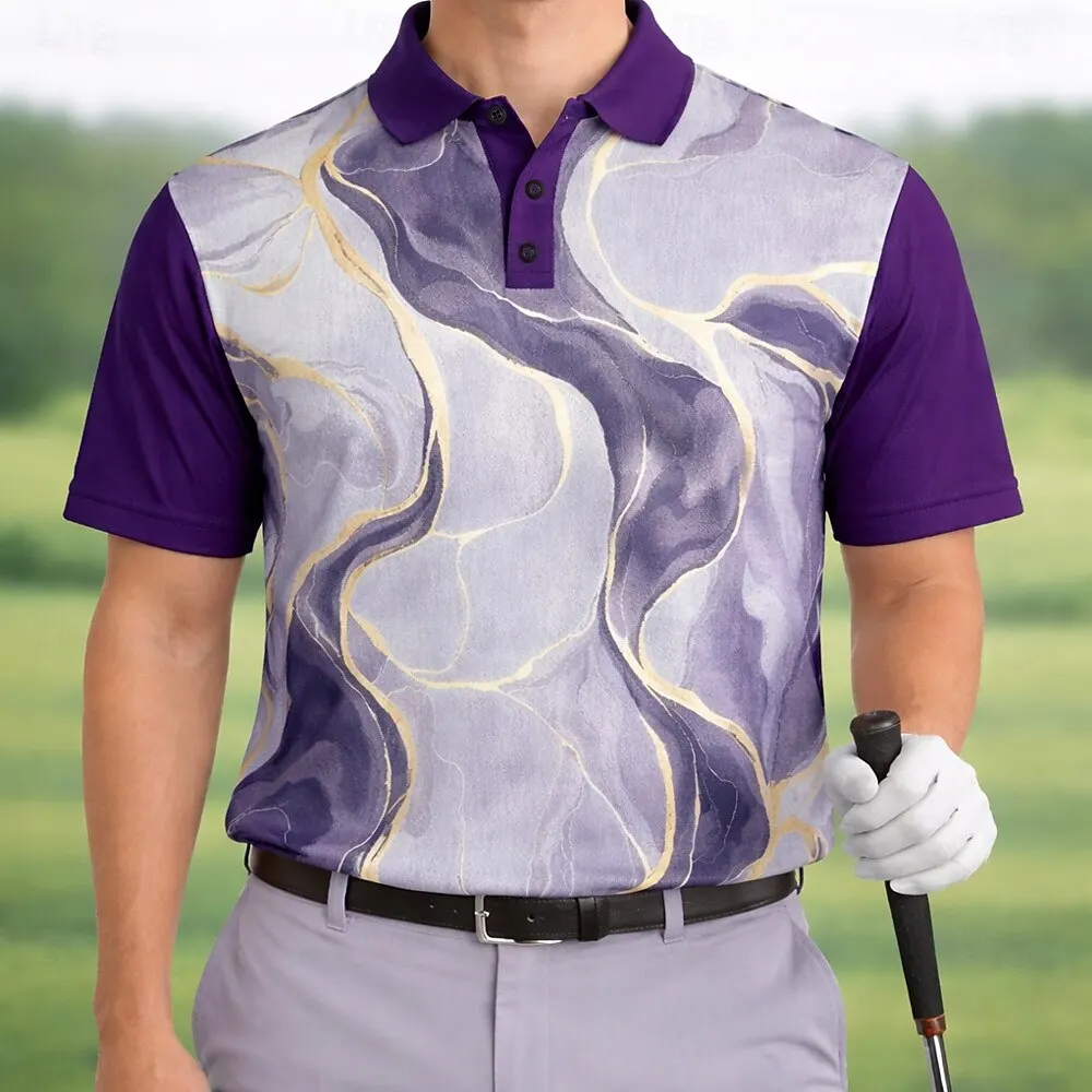 Men's Marble 3D Print Sports Polo Shirts Short Sleeve Collared Button Casual Athleisure Daily Wear for Spring & Summer