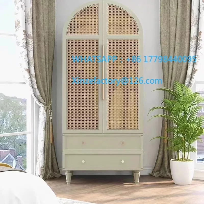 Customizable French Cream Wind Rattan Wardrobe Bedroom Simple Solid Wood Clothes Storage Cabinet B & B Hotel Arched Double Door