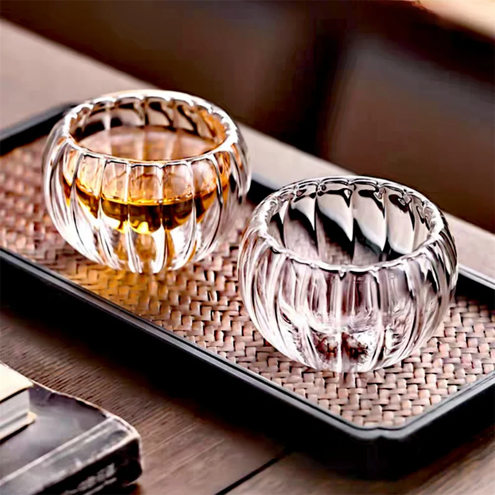 6pcs/Lot 50ml Stripe Double-layer Glass Tea Cup Heat Resistant Teaware Small Capacity Pumpkin shape Puer Taste TeaCup Cups