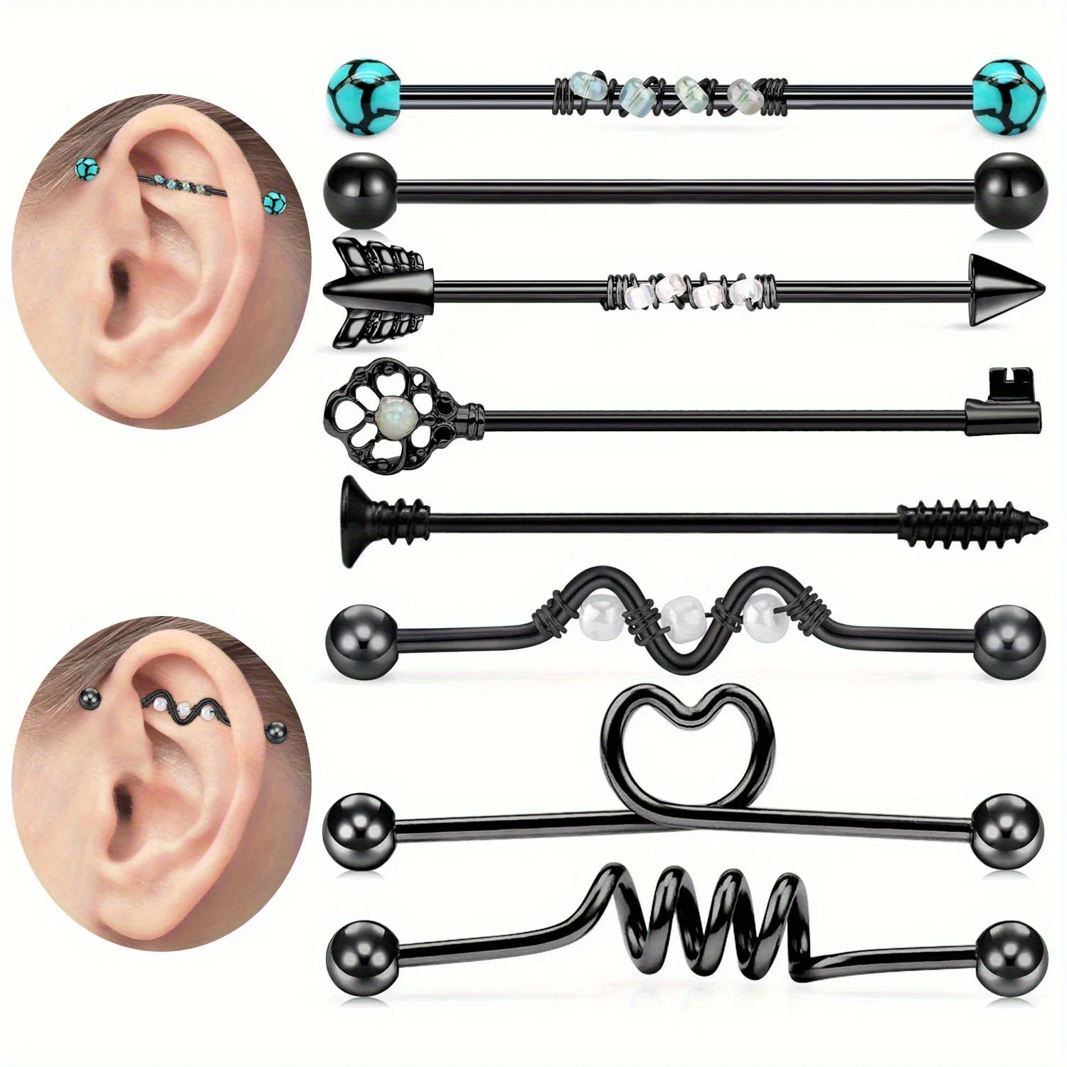 8pcs14G Acero inoxidable Industrial Barbell pendiente cartílago cuerpo Piercing joyería 38mm múltiples estilos barra de perforación Industrial