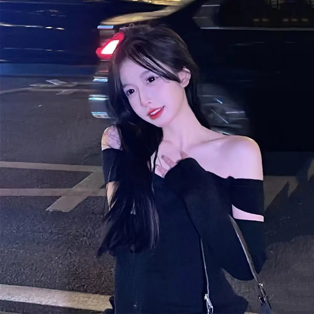 Slash Neck Black Long Dress Women Elegant Pure Off-shoulder Sexy Chic French Style Leisure Side-slit Gentle Slim Temperament Ins