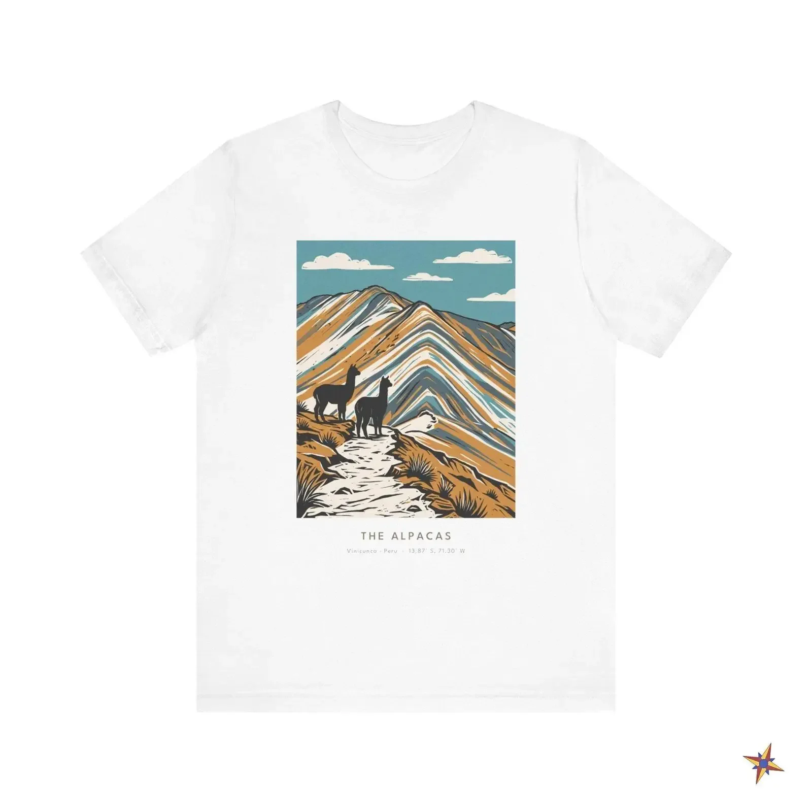 Alpacas Linocut T Shirt Vinicunca Peru Travel Soft Cotton ArT vintage Washed Slightly Comfortable Casual designer clothes