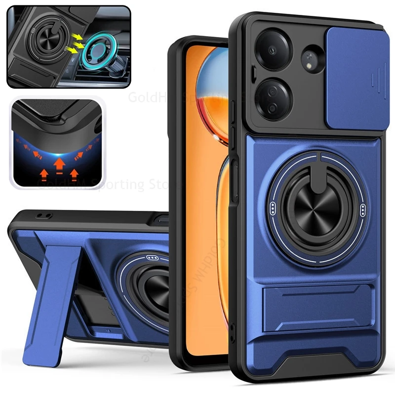 

Slide Lens Kickstand Heavy Duty Case For Xiaomi 15T Pro Magnetic Ring Stand Full Protection Cover Poco M7 X5 Pro 5G C71 C65 4G