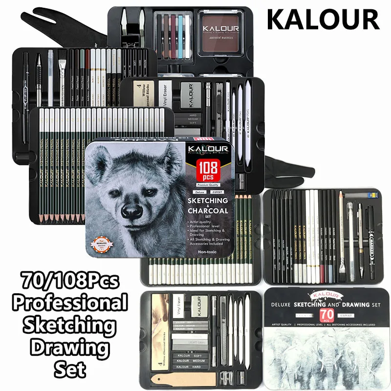 

KALOUR Deluxe Sketching Pencil Set 108/72pc Charcoal/Graphite All-in-One Drawing Tools Creative Gift for Beginner Expert Artists