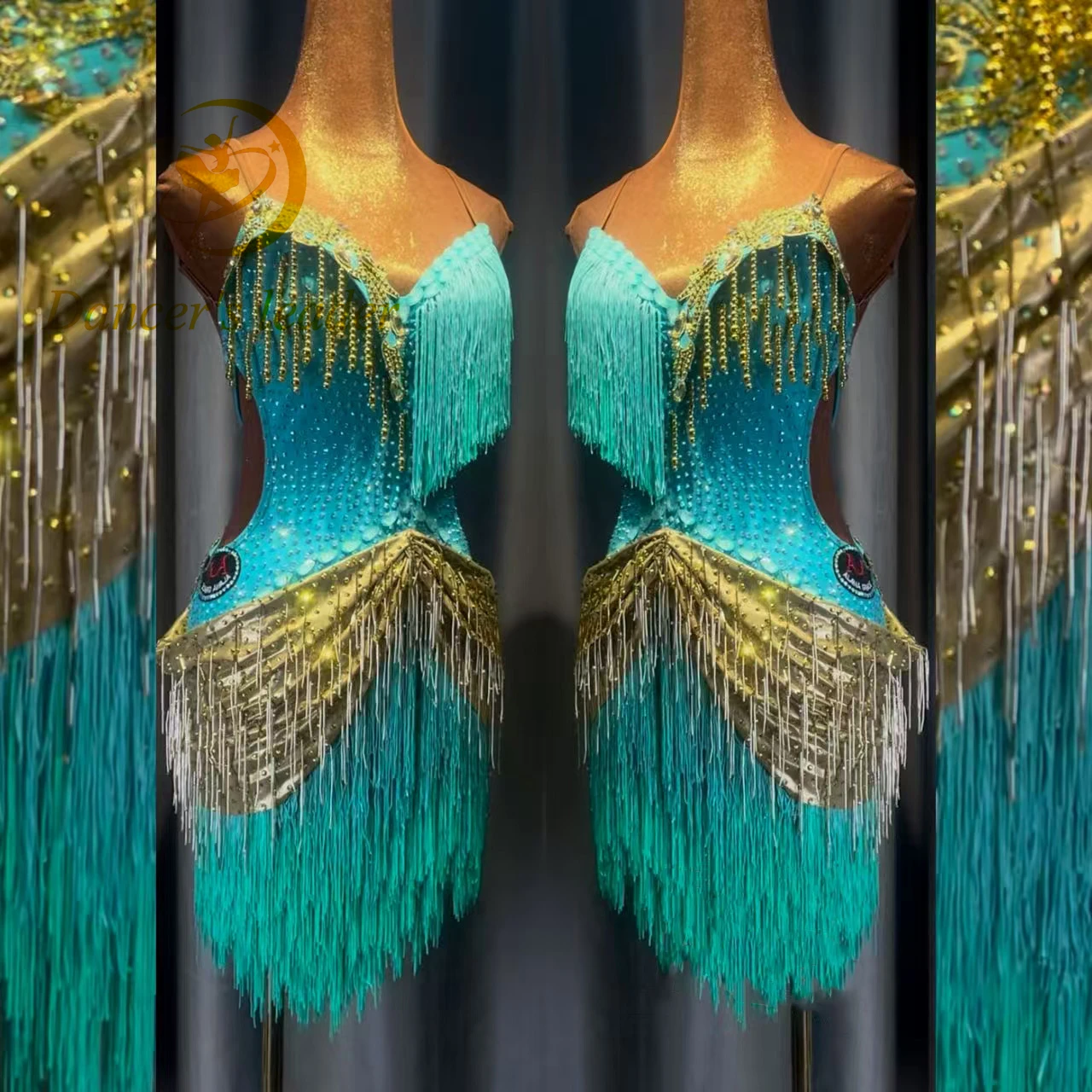 

Latin Dance Adult Children'S Dress AB Stone High-End Custom Tassel Mint Flower Dress Cha Cha Tango Women'S Clothing