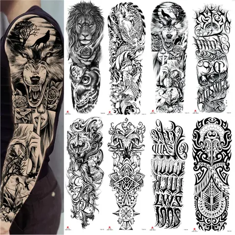 Full Arm Temporary Tattoo Wolf Lion Fish Horns Geometric Man  Body Leg Rose Flower Phoenix Waterproof Sticker Cool Women Tatoo
