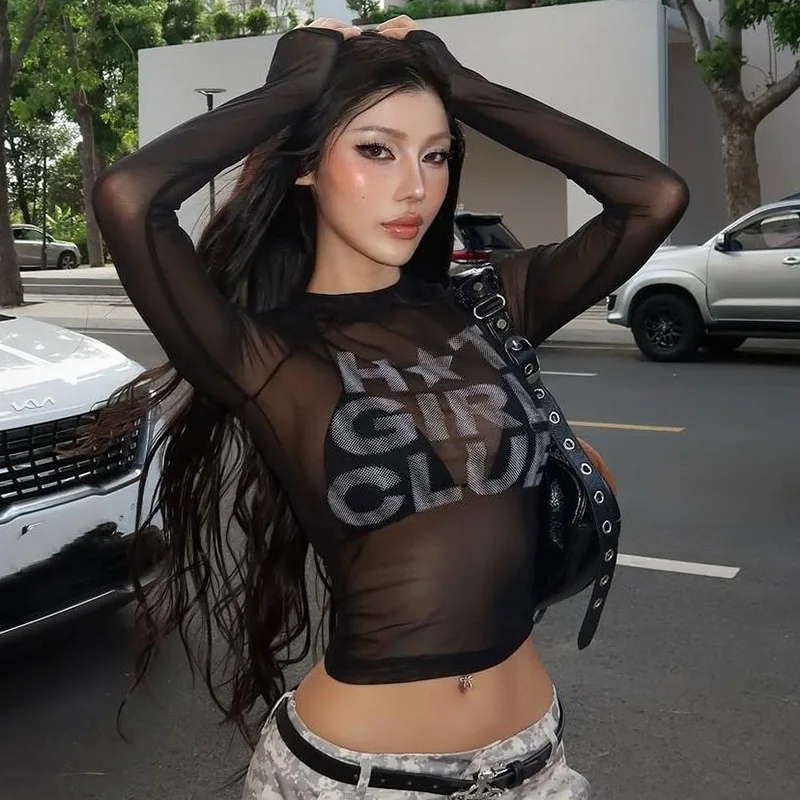 

Letter Printed Mesh See Through Crop Tops Crew Neck Long Sleeve Graphic T Shirts Street Wear Woman Clothing