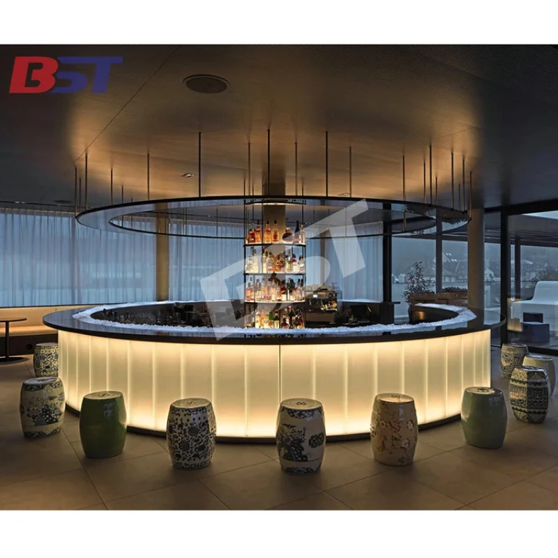 custom.LED Illuminated Contemporary Marble Luxury Round Bar Counter Mall and Gym Use Hotel Lounge Furniture