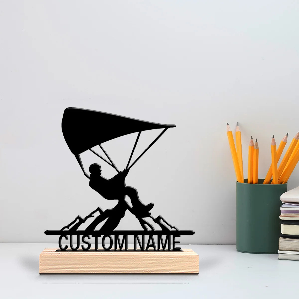 1pc Modern Skydiving Customizable Letter Metal Statue Iron Ornament Art Figurine With Wood Base Iron Ornament Bedroom Table